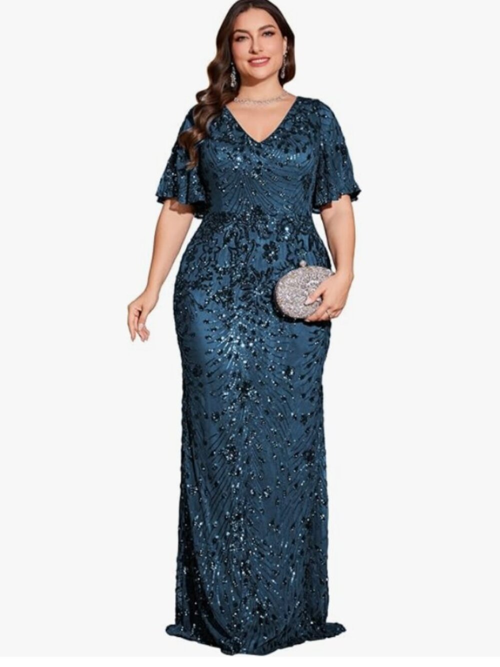 XUIBOL Plus Size Evening Gowns Short Sleeves Glitter Mermaid Dress (Teal, 3XL)